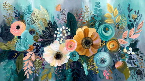 Abstract floral mural wallpaper with teal, ochre, and peach oil-painted flowers