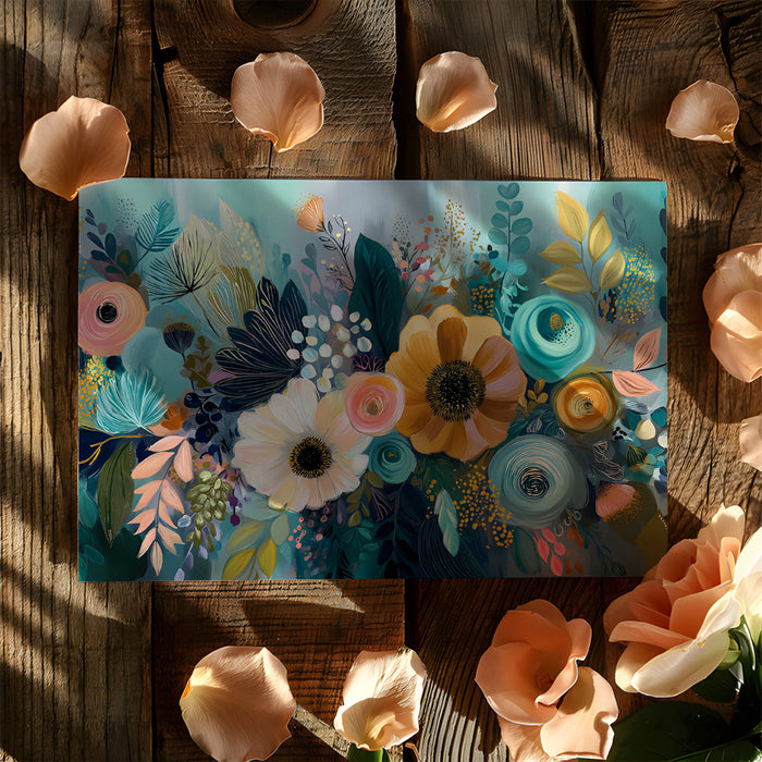 Modern bedroom wall decorated with a colorful floral brushstroke mural and wood accents