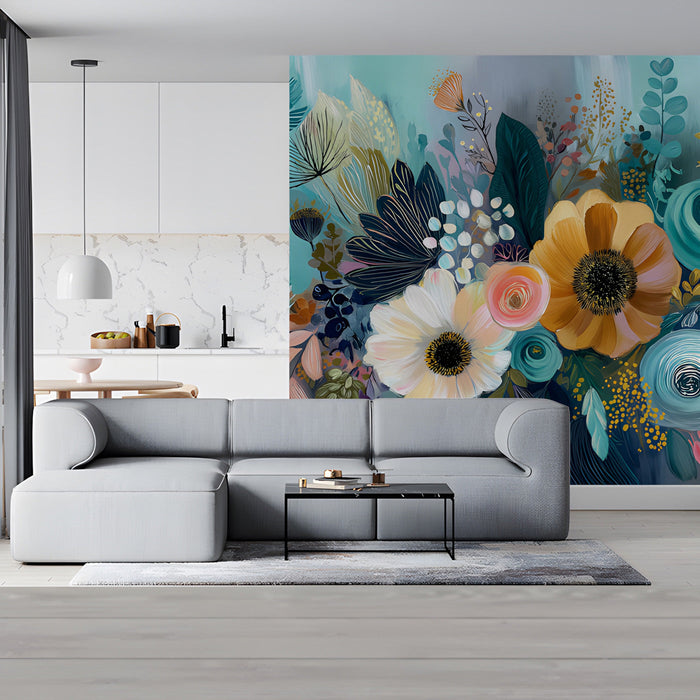 Commercial space interior with a vibrant botanical mural as a dramatic accent wall