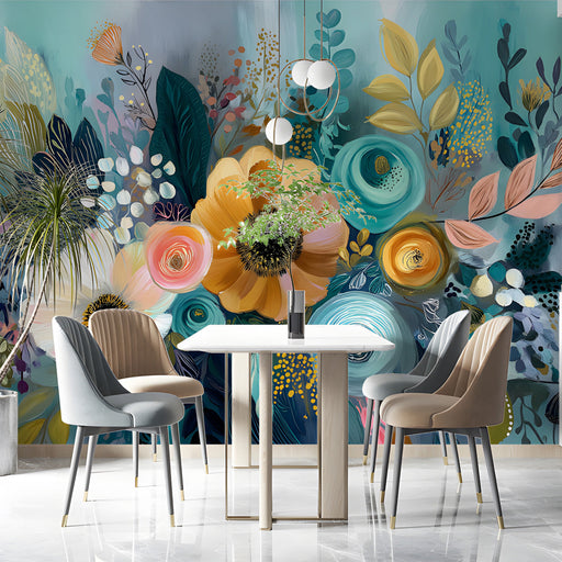 Dining room featuring a large-scale artistic floral wallpaper mural behind a velvet sofa