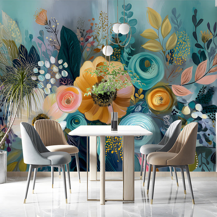 Dining room featuring a large-scale artistic floral wallpaper mural behind a velvet sofa
