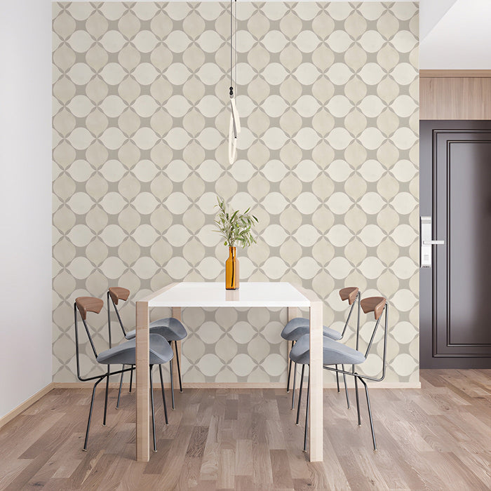 Soft dining room decorated with subtle geometric wall mural