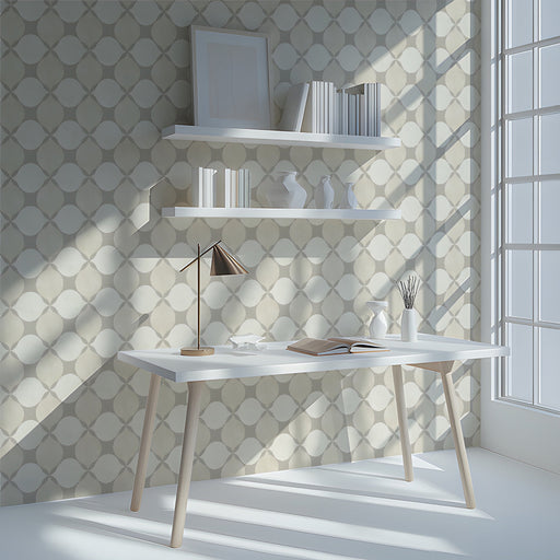 Minimalist study with neutral ogee geometric mural wallpaper