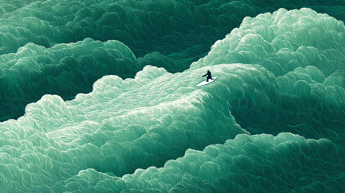 Abstract wallpaper pattern featuring a lone surfer on swirling emerald green ocean waves with detailed line art.