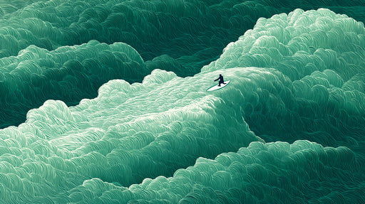 Abstract wallpaper pattern featuring a lone surfer on swirling emerald green ocean waves with detailed line art.