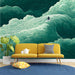 A sophisticated home office space featuring the detailed wave pattern on the wall behind a desk.
