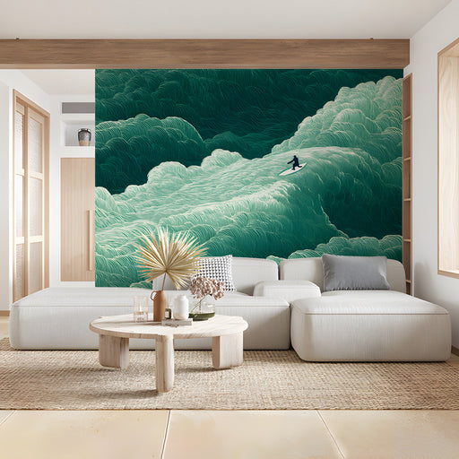 A modern living room featuring the green ocean wave mural behind a sleek minimalist sofa.