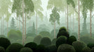 A serene forest wallpaper mural featuring vertical birch tree trunks, layered sage green shrubs, and misty foliage.