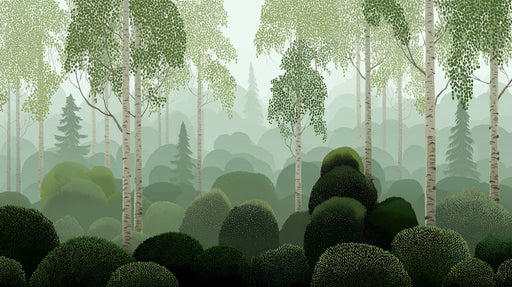 A serene forest wallpaper mural featuring vertical birch tree trunks, layered sage green shrubs, and misty foliage.