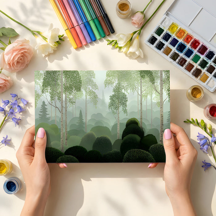An office space featuring a forest nature wallpaper to provide a calming, natural backdrop for productivity.