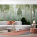 A peaceful commercial space with a woodland theme wallpaper that creates an immersive, quiet escape.