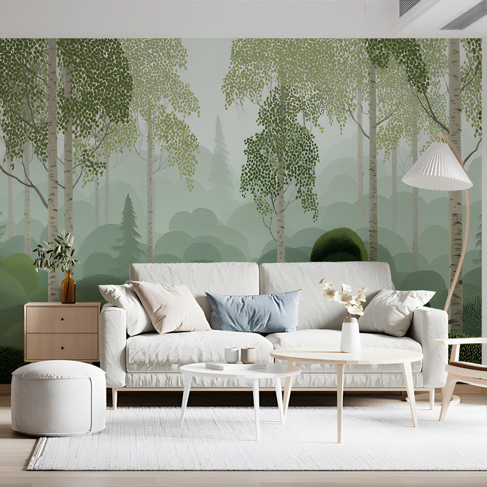 A cozy living room with a tranquil birch forest mural covering the wall behind a neutral linen bed frame.