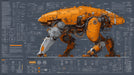 Detailed industrial mecha blueprint wallpaper with orange machinery and white schematics on a charcoal gray background