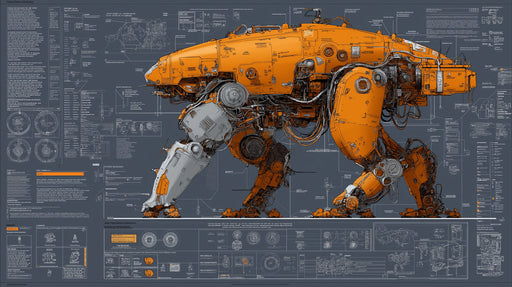 Detailed industrial mecha blueprint wallpaper with orange machinery and white schematics on a charcoal gray background