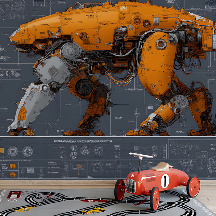 Teen boy nursery with a large-scale mechanical robot blueprint wall mural