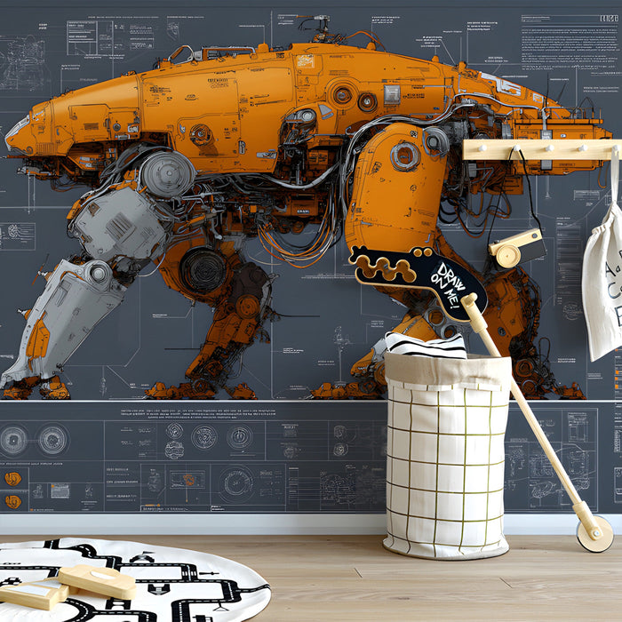 Modern home office with industrial mecha wallpaper on a feature wall behind a wooden desk