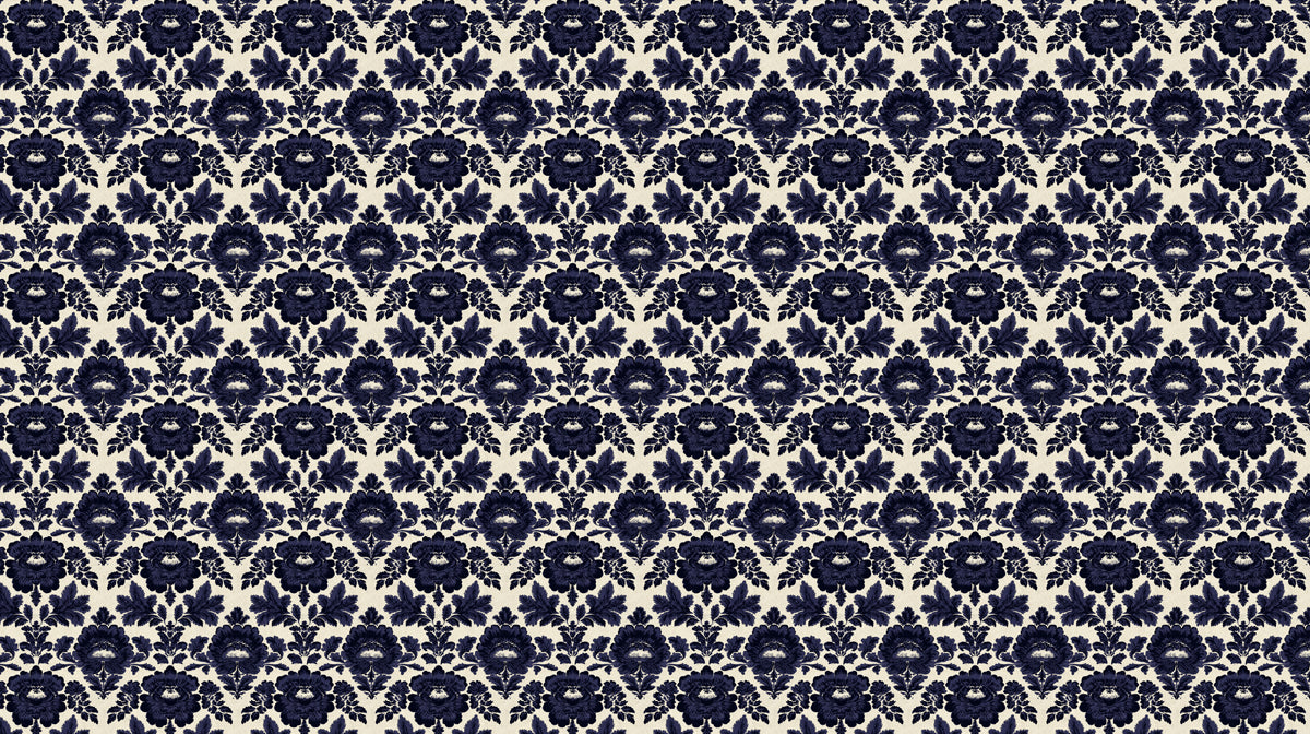 A repeating damask pattern featuring deep midnight navy floral motifs on a creamy off-white background