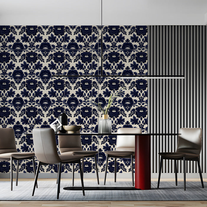 A sophisticated dining room interior with vintage style navy damask wall decor