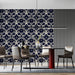 A sophisticated dining room interior with vintage style navy damask wall decor
