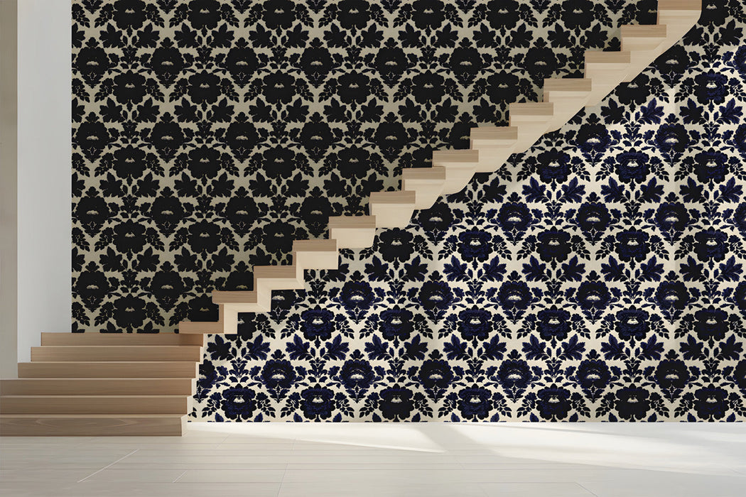 A formal exibition hall featuring a classic damask wallpaper accent wall