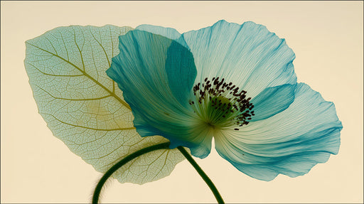 Macro close-up of a blue poppy flower and translucent leaf on cream background