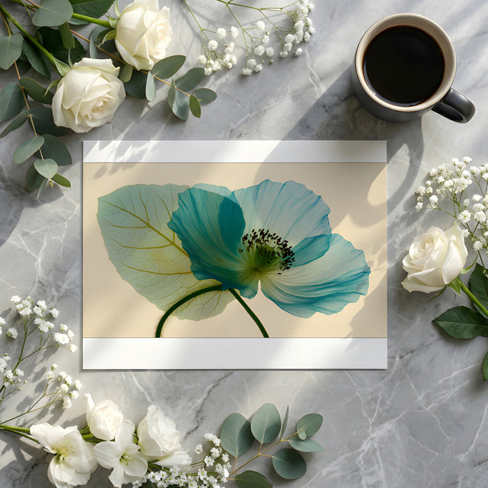 Minimalist bedroom interior with a soft blue poppy accent wall