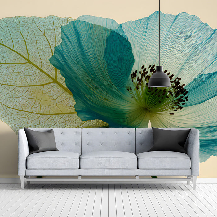 Bright entryway with an artistic blue botanical wallpaper mural