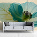 Bright entryway with an artistic blue botanical wallpaper mural