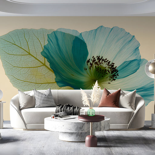 Modern living room featuring a large-scale blue floral mural wallpaper