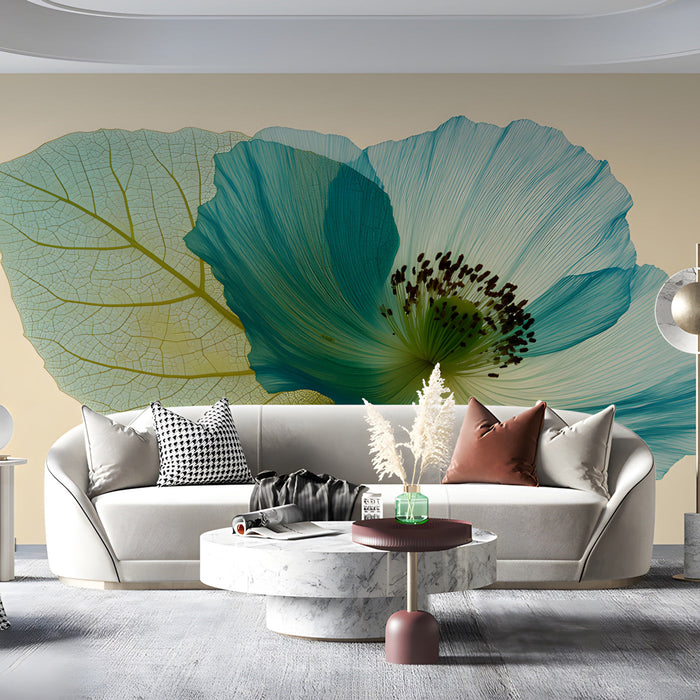 Modern living room featuring a large-scale blue floral mural wallpaper