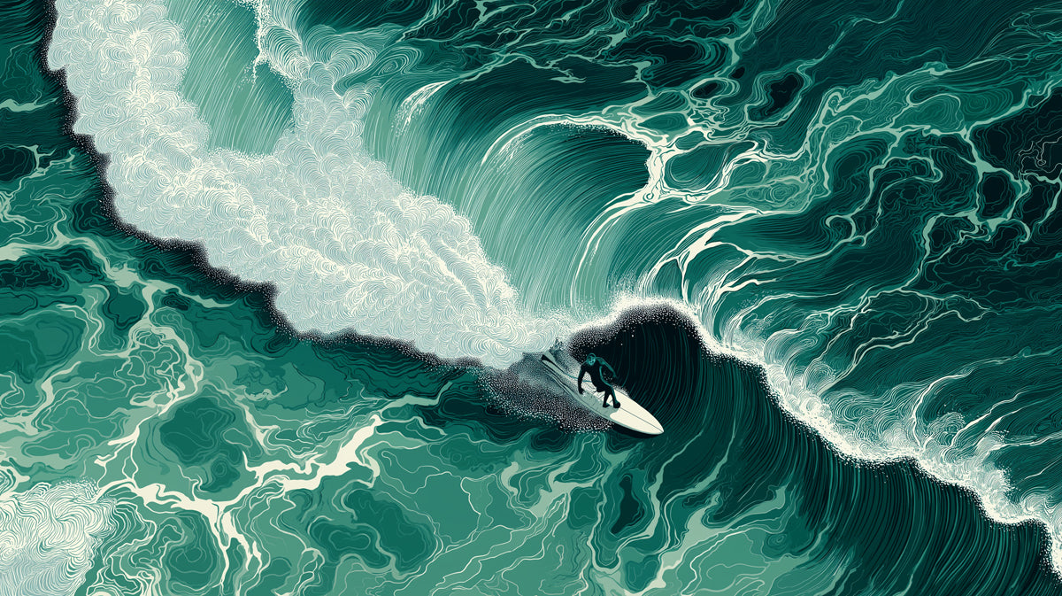 Abstract illustration of a surfer riding a massive churning teal and green ocean wave with intricate white foam linework.