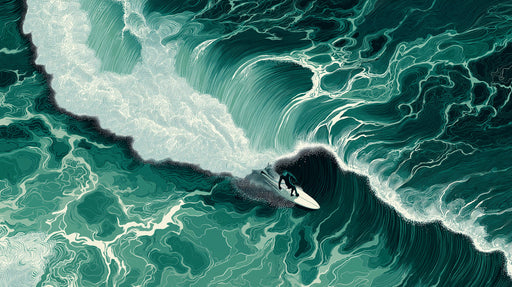 Abstract illustration of a surfer riding a massive churning teal and green ocean wave with intricate white foam linework.