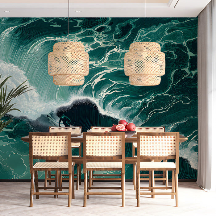 A dining room workspace with an inspiring wall mural of a surfer navigating a large wave, complemented by industrial decor.
