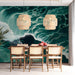 A dining room workspace with an inspiring wall mural of a surfer navigating a large wave, complemented by industrial decor.