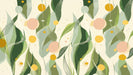 Abstract wallpaper pattern with sage green leaves, ochre circles, and fine line art on a cream background.