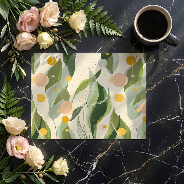 Sunlit dining room with an abstract leaf mural providing a soft, creative backdrop.