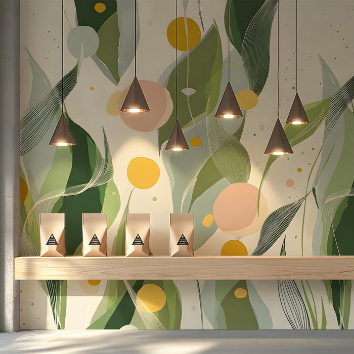 Shop interior with a light and airy botanical mural that inspires productivity.