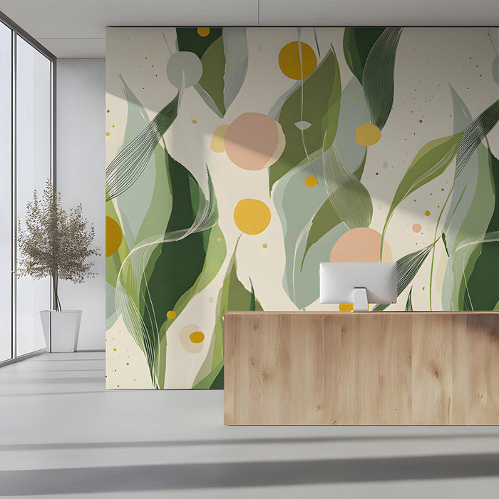 Modern reception featuring a botanical sage and yellow mural as an artistic headboard wall.