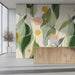 Modern reception featuring a botanical sage and yellow mural as an artistic headboard wall.