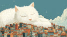 Whimsical illustration of a giant white cat sleeping over a dense cluster of terracotta and charcoal houses under a teal sky.