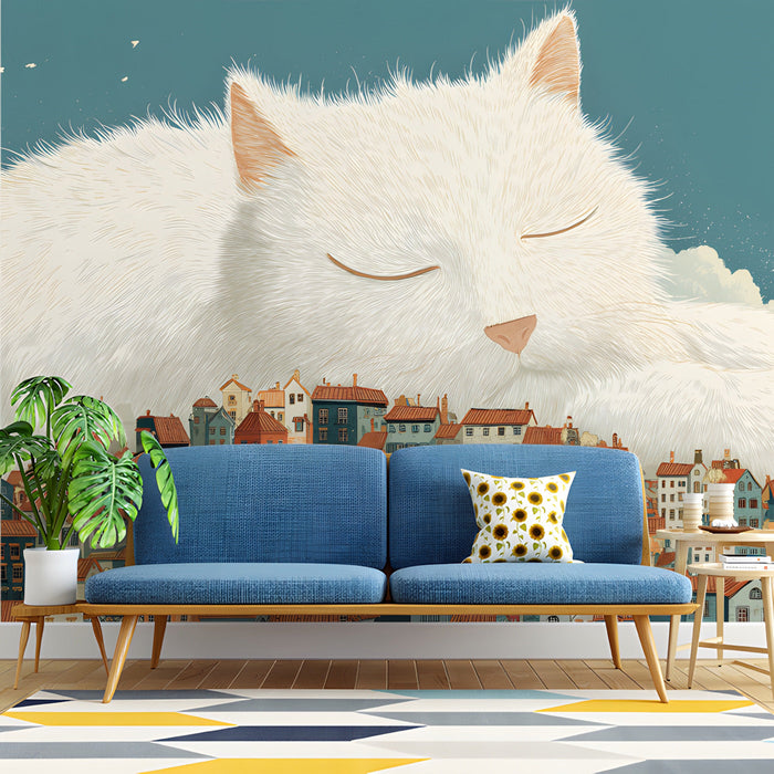 A bright creative playroom for kids, showcasing the surreal sleeping feline mural as a colorful accent wall.