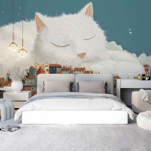 A cozy bedroom featuring the sleeping cat mural, styled with soft wooden furniture and pastel bedding.
