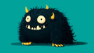 Shaggy charcoal monster character with yellow horns on a vibrant teal background