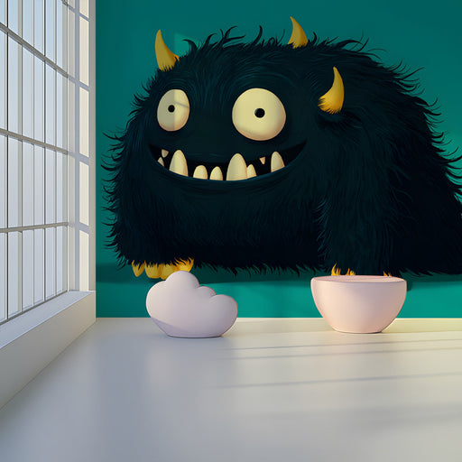 Whimsical monster wallpaper installed in a colorful kid's playroom