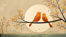 Graphic mural of two orange songbirds on a branch against a large pale sun