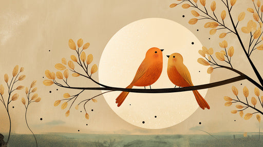 Graphic mural of two orange songbirds on a branch against a large pale sun