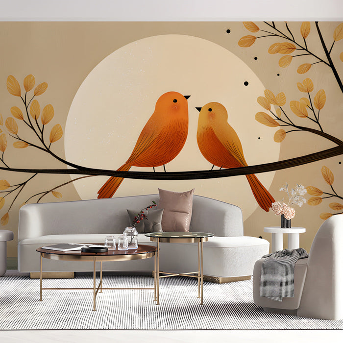 Artistic bird and sun wallpaper in a sunny living room with velvet armchair