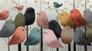 A hand-drawn mural featuring plump birds in terracotta, teal, and charcoal sitting on thin branches against a pale backdrop.