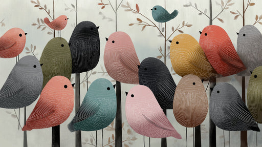 A hand-drawn mural featuring plump birds in terracotta, teal, and charcoal sitting on thin branches against a pale backdrop.