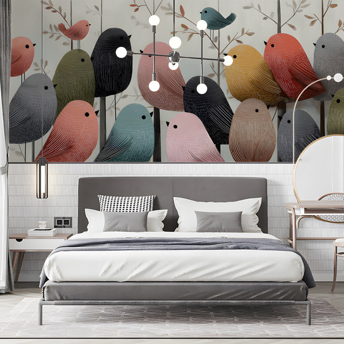 Artistic bird flock mural used as a creative accent wall in a bedroom.